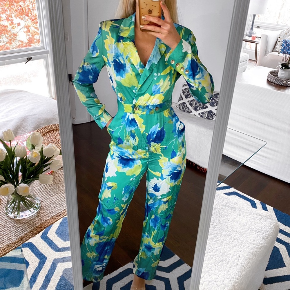 🦜 ZARA GREEN BLUE YELLOW FLORAL SATIN WIDE LEG LONG SLEEVE JUMPSUIT!